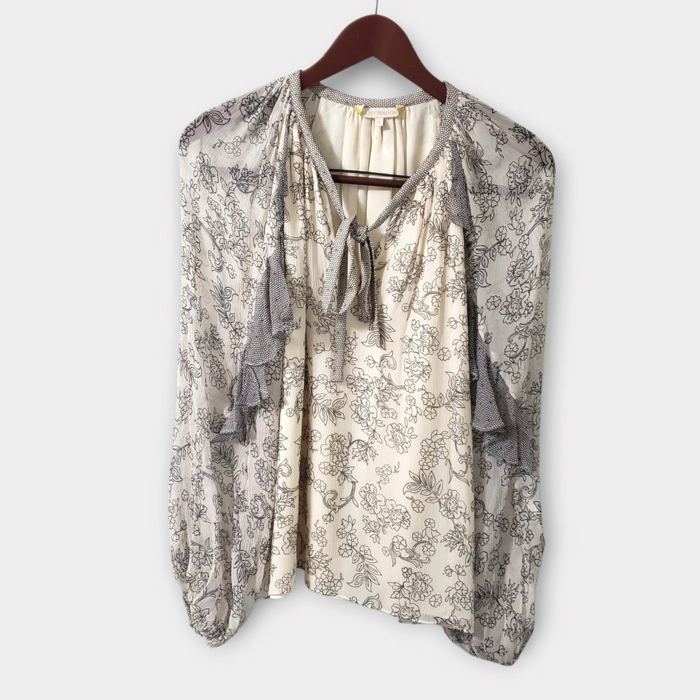 Ramy Brook Emily Ruffle Tie Neck Silk Top Floral Blouse Gray Cream Medium